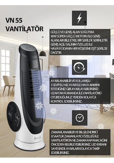 Dijitsu Vn55 Kule Tipi Vantilatör - Uzaktan Kumanda, 90w, Geniş Salınım, 3 Hız Ayarı, Otomatik Zamanlayıcı
