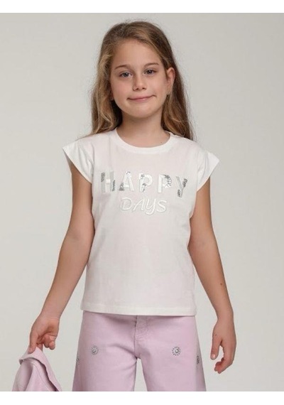 Escabel Kız Çocuk Pamuklu Happy Pul İşlemeli Tshirt-15637 Ekru