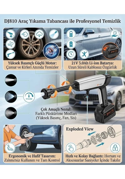 Dj-810 Yüksek Basınçlı Şarjlı Araç Ve Bahçe Yıkama Makinesi 30 Bar 2 Bataryalı Güçlü Motor 0 - 1 Saat
