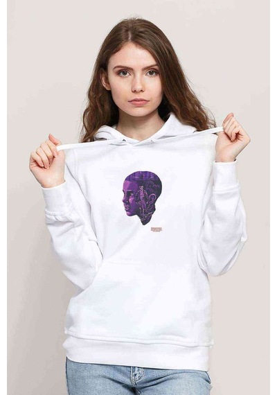 Stranger Things Eleven Mor Baskılı Beyaz Kadın Kapşonlu Sweatshi