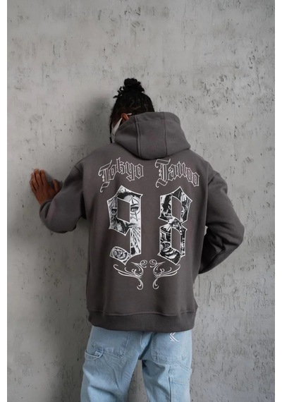 Erkek 3 İplik Pamuklu Kapüşonlu Baskılı Cepli Oversize Sweatshirt Hoodie - Gri