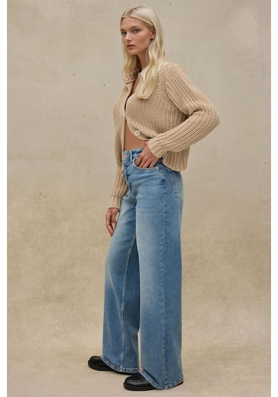 Hiccup Geniş Paça Esnek Kot Pantolon Orta Mavi Denim