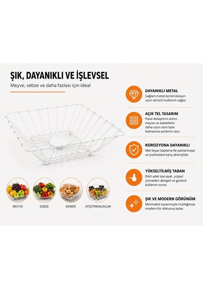 Tr Kare Metal Sepet Beyaz, Masa Üstü Meyvelik Sebzelik, Tezgah Üstü Organizer, Çok Amaçlı Mutfak Banyo Antre Düz Genel