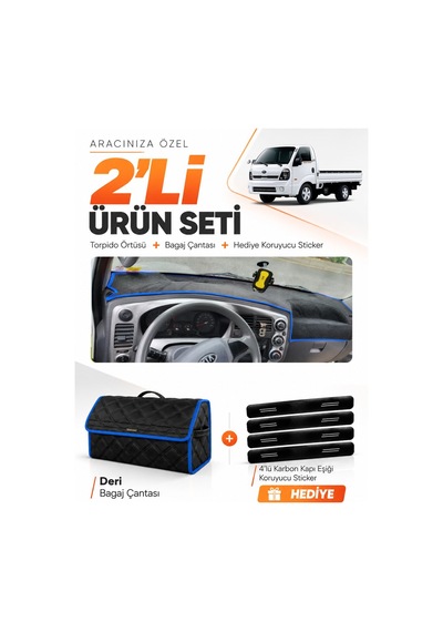 Kia Bongo 2004-2019 Uyumlu Torpido Örtüsü + Deri Bagaj Çantası + Sticker Seti - Siyah Mavi