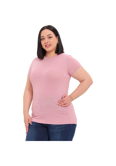 Disentis Büyük Beden Bisiklet Yaka Kısa Kollu Viskon Pembe Body Pembe
