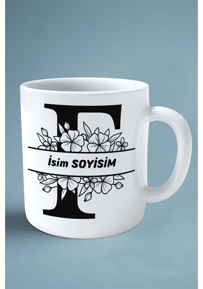 F Harfi İsimli Çiçekli Yeniyıl İsimli Baskılı Kupa Bardak Çift Taraflı Kişiye Özel Model 7 Çok Renkli