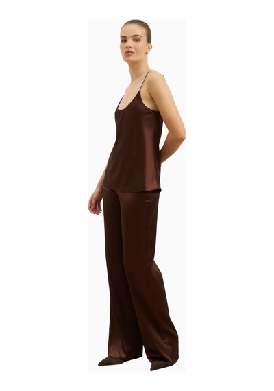 Because Of Alice Formal Satin Straight Leg Trousers Saten Düz Paça Kadın Pantolon Koyu Kahverengi