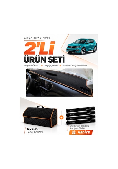 E-biz Volkswagen T-cross 2021-2023 Uyumlu Torpido + Tay Tüyü Çanta - Siyah-kahverengi - Vw031