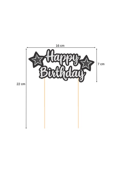 Siyah Gümüş Yıldız Temalı Happy Birthday Kaligrafi Pasta Üstü Süs Tüm Yaşlar