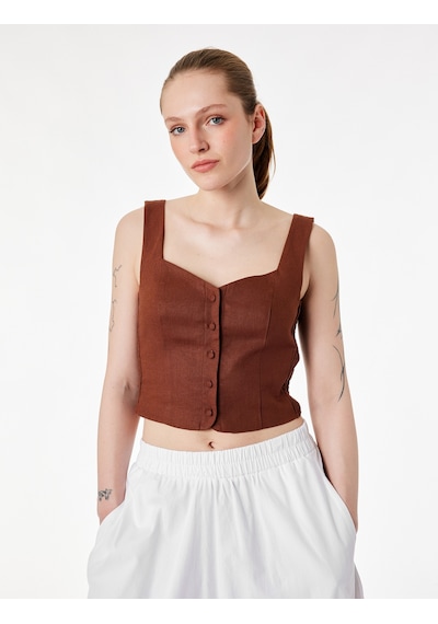Koton Slim Fit Kalın Askılı Yanları Gipe Detaylı Düğmeli Crop Keten Yelek Kahverengi 6sak30001pw Kahve