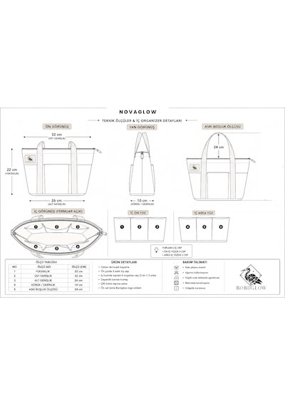 Bordglow Novaglow Design Serisi Küçük Boy - Siyah - Premium Kanvas Çanta - Tote Bag 9 Cep - Fermuarlı 32x22x10 Cm