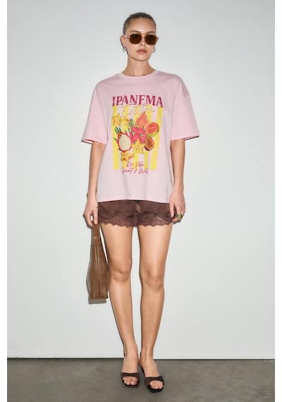 Grımelange Wuna Kadın Yumuşak Kumaşlı %100 Organik Pamuklu Baskı Detaylı Pembe T-shirt