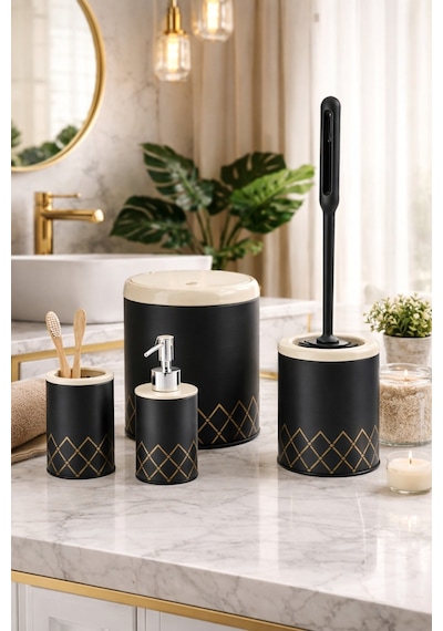 Geometrik Zikzak Desenli 4 Lü Banyo Seti Siyah