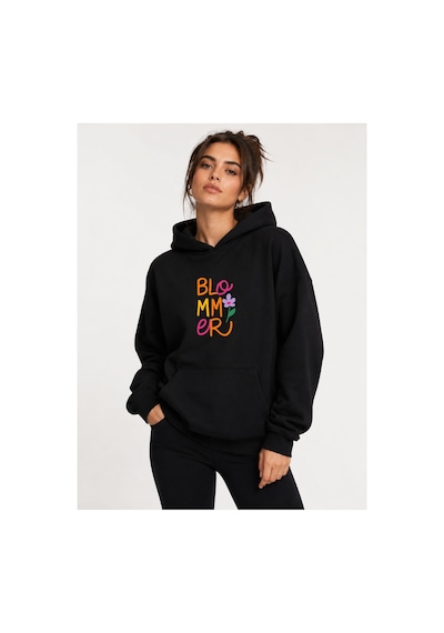Herkesemoda Blommer Baskılı Kapüşonlu 2 İplik Şardonlu Sweatshirt Siyah