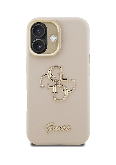 Apple iPhone 16 Uyumlu Kılıf Guess  Lisanslı Grained Yazı Logolu Kamera Standlı Kapak Bej