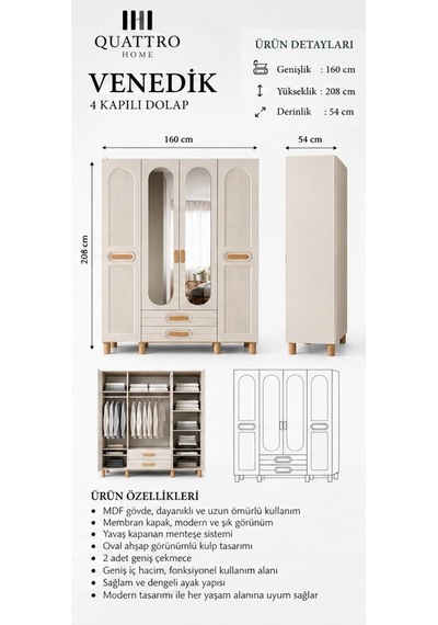 Venedik 4 Kapaklı Dolap Krem