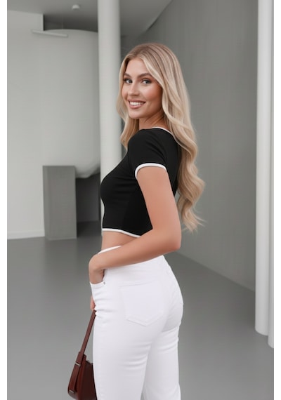 Zedefx Kadın Biyeli Yaka Detaylı T-shirt Siyah