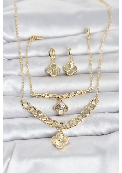 Gold Renk Pirinç Kolye Bileklik Ve Küpe Seti - Çok Renkli