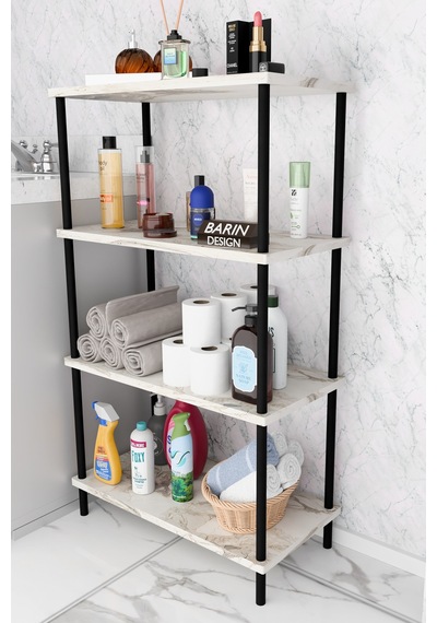 Çevir Kur Kolay Kurulum 4 Katlı Banyo Rafı Metal Gövdeli Çok Amaçlı Organizer Stand Banyo Dolabı Beyaz Mermer