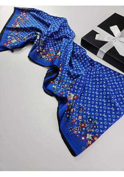 Miorel Scarfs Lv Desen Çiçekli İthal Vual İpek Şal Aksesuar Fular Silk Scarfs Shawl Hijab Mavi