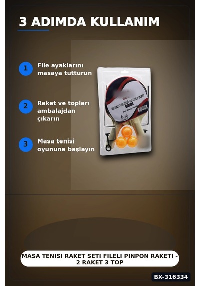 Masa Tenisi Raket Seti Fileli Pinpon Raketi - 2 Raket 3 Top 1 File Ayak Bx-316334