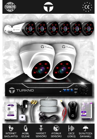 Turkno 8 Kameralı Galia 2 İç Kamera Set 1 TB HDD Full HD Gece Görüşlü Güvenlik Kamerası Sistemi