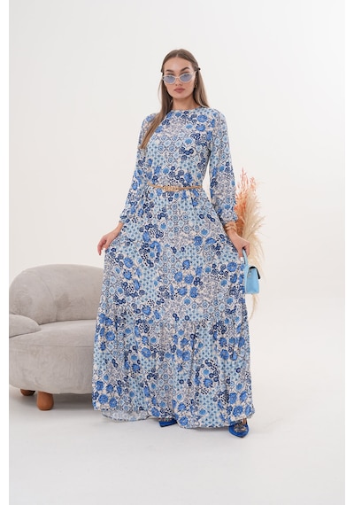 Polologin Butik Çiçekli Viskon Elbise Mavi