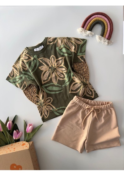 Miniğimin Cicileri Desenli Şortlu Unisex Penye Takım - Yeşil