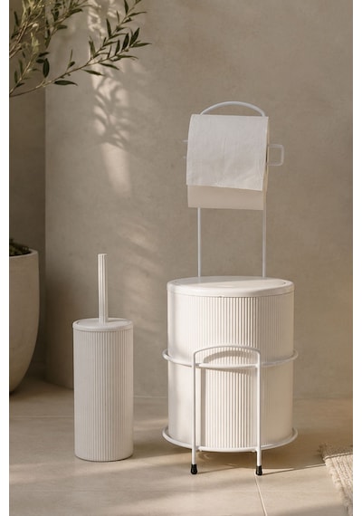 Modern Banyo Seti Kapaklı Çöp Kovası, Tuvalet Kağıtlığı Ve Wc Fırçası Minimal Tasarım Beyaz