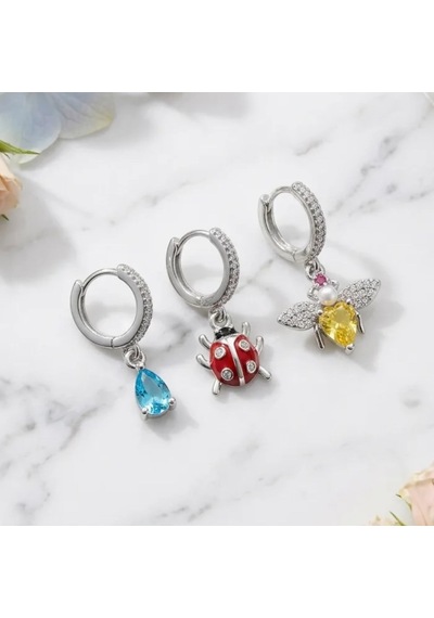 Çelik 3 Lü Küpe Set Arı Uğurböceği Mavi Taşlı Gümüş Renk