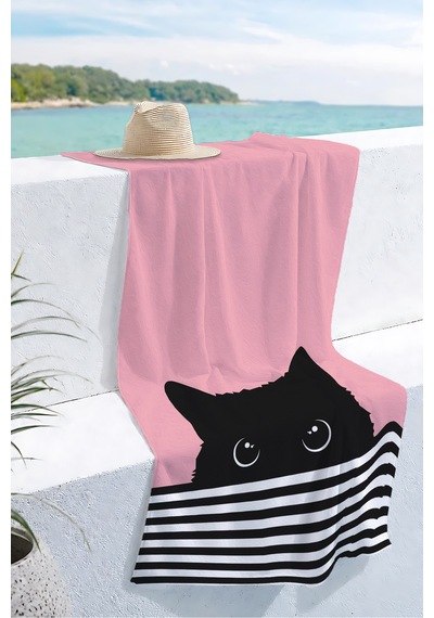 Kedi Figürlü Çizgili Pembe Plaj Havlusu-minimalist Siyah Beyaz Marine Hızlı Kuruyan Mikrofiber Havlu Kül Melon