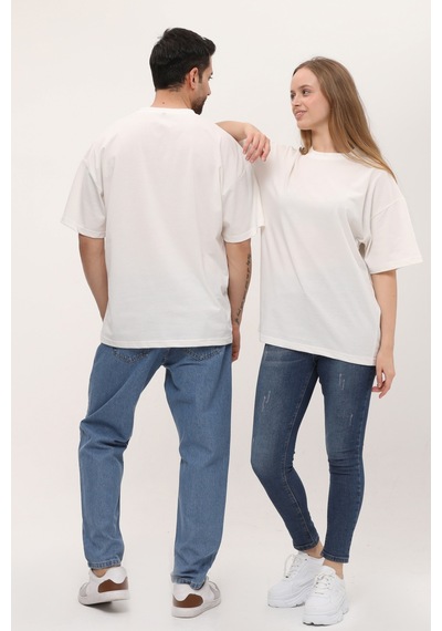 Unisex Kırık Beyaz Oversize Bol Kalıp T-shirt Ekru