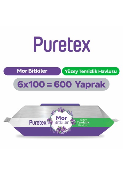 Puretex Yüzey Temizlik Havlusu Mor Bitkiler 6x100 600 Yaprak Beyaz