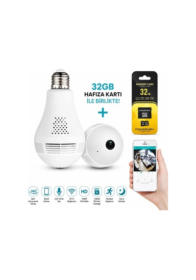 Gerçek 1080p Fhd Ampul Kamera Balık Gözü Lens 360 Panoramik Ev Güvenlik Kamerası + 32gb Hafıza Kart Altın