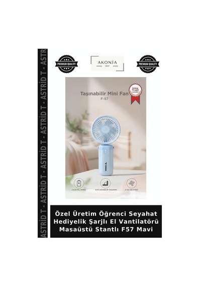 Özel Üretim Öğrenci Seyahat Hediyelik Şarjlı El Vantilatörü Masaüstü Stantlı F57 Mavi