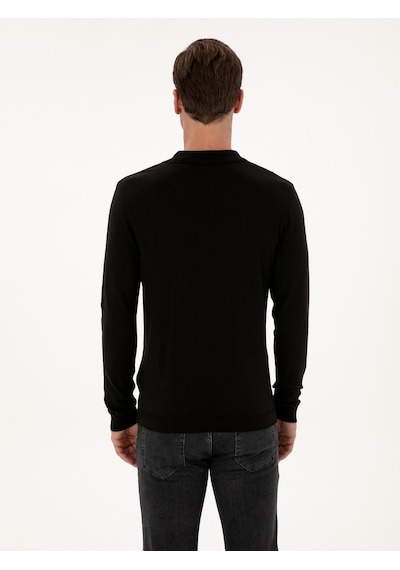 Cacharel Siyah Regular Fit Pamuk Karışımlı Polo Yaka Basic Triko Kazak