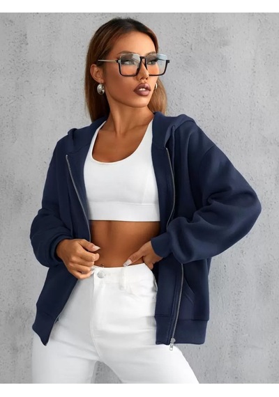 Uyguntarz Unisex Lacivert Fermuarlı Kapüşonlu Sweatshirt