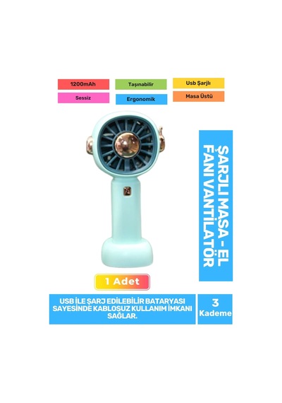 Sessiz 3 Kademeli Hafif Kablosuz 1200mah Pervaneli Taşınabilir Usb Şarjlı Masa El Fanı Vantilatör