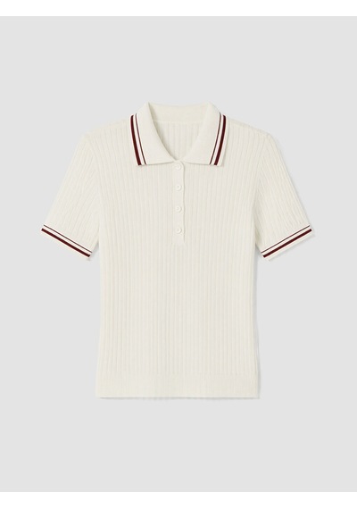 Lcw Comfort Beyaz Polo Yaka Çizgili Kadın Triko Kazak