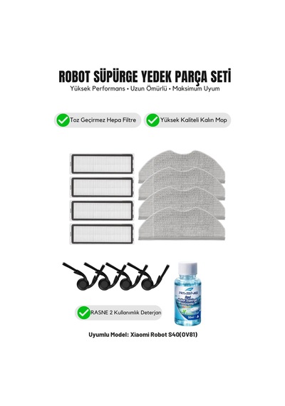 Robot Vacuum S40 Ov81 İle Uyumlu 4 Yan Fırça 4 Filtre 4 Mop 1 Deterjan 2.0