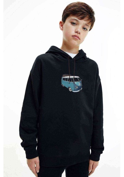 Tshirthane Volkswagen Van Baskılı Unisex Çocuk Kapüşonlu Siyah Sweatshirt Siyah