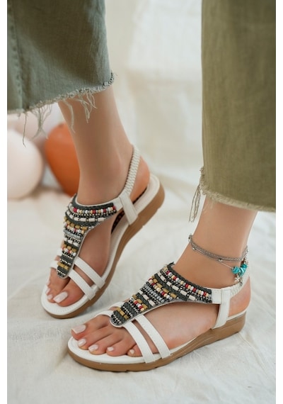 Khayt Rebeca Anatomik Fashion Taşlı Günlük Kadın Sandalet Beyaz