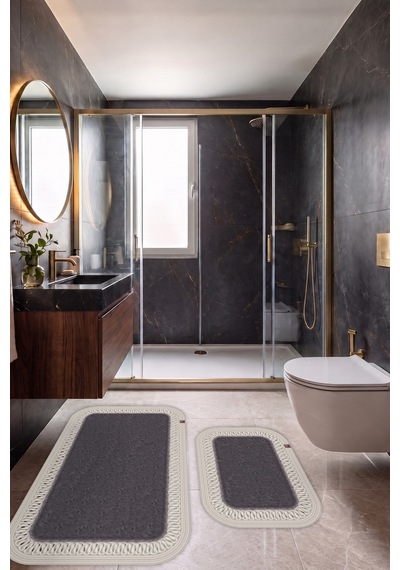 Banyo Paspası Takımı 70x110+50x70 Cm İç Trikot Antrasit Gri & Krem Antrasit Gri - Krem