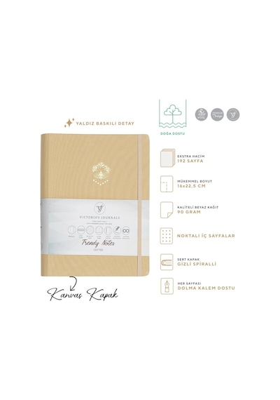 Vj Canvas Gizli Spiralli Defter 16,3 22,2 96 Yp. 100 Gr. Lastikli Noktalı Bej