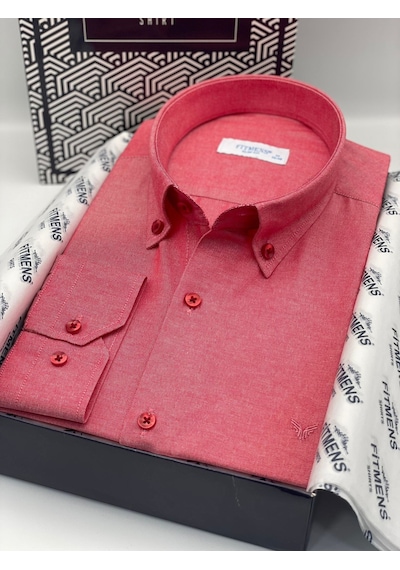 Slim Fit Uzun Kol Pamuklu Hediye Kutulu Kolay Ütülenebilir Erkek Gömlek Fs-002225 - Kırmızı-2667