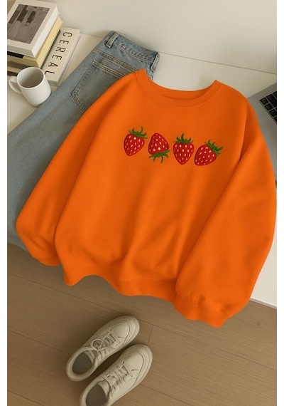 Benroma 3 İplik Penye Çilek Baskılı Unisex Sweatshırt Çok Renkli