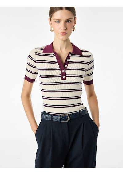 Koton Regular Fit Polo Yaka Çizgili Kısa Kollu Triko Kazak Bordo Çizgili 7wak90456ht
