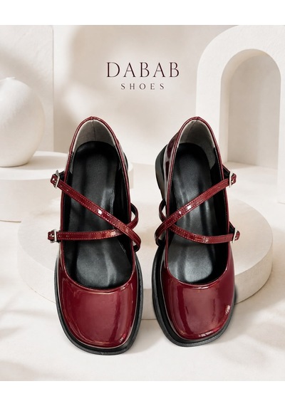 Dabab Shoes Marsel Kadın Bordo Rugan Çapraz Bantlı Tokalı 2 Cm Kalın Taban Mary Jane Ayakkabı