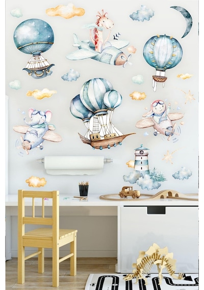 MSticker Sevimli Uçan Balonlar Bulutlar Ve Hayvanlar Çocuk Bebek Odası Sticker Seti
