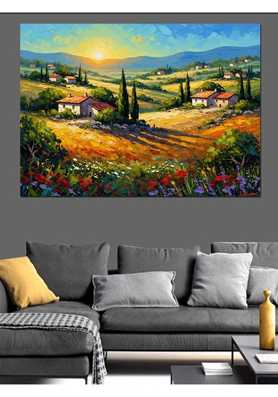 Ahşap Tablo Toscana Benzeri Köy Evi Manzarası